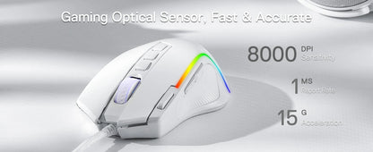 Redragon M612 Predator RGB Gaming Mouse 8000 DPI Wired Optical with 11 Programmable Buttons, White