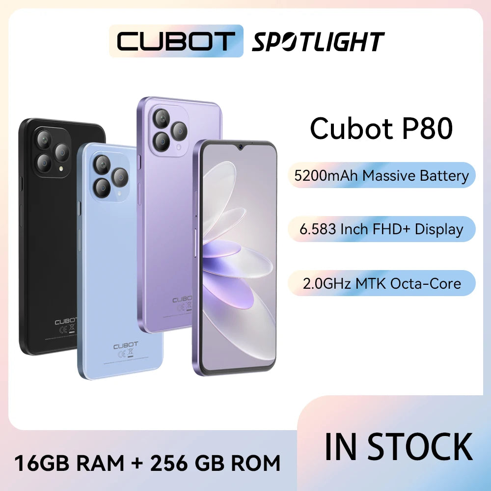 Cubot 2023 New Global Version Smartphone P80, Android 13 Phone, 8GB RAM, 256GB/512GB ROM, NFC, 6.583" Large Screen, 48MP Camera