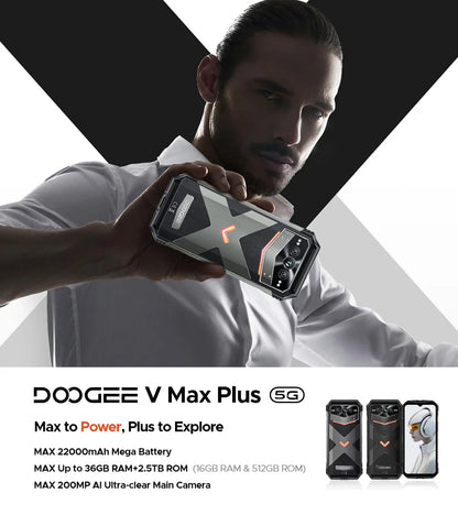 World Premiere DOOGEE V Max Plus Rugged Phone 22000mAh 36GB(16+20) 512GB 200MP Camera Phone 6.58" 120Hz Dimensity 7050 Android14