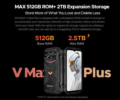 World Premiere DOOGEE V Max Plus Rugged Phone 22000mAh 36GB(16+20) 512GB 200MP Camera Phone 6.58" 120Hz Dimensity 7050 Android14