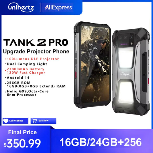 Unihertz tank 2 Pro 8849 rugged with projector 2.4K 23800 mAh 16GB + 256GB Android 14 100MP NFC 120W Helio G99 Octa Core Dual SIM