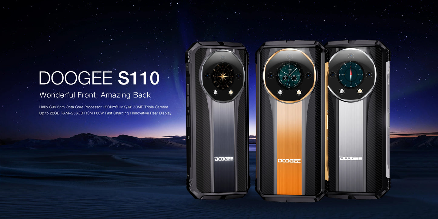 Global Version DOOGEE S110 Rugged Phone 12GB+256GB Rear Display 6.58” FHD Waterdrop Screen Helio G99 66W Fast Charge 10800mAh