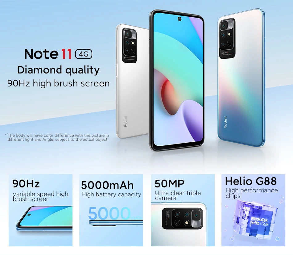 Global ROM Xiaomi Redmi Note 11 Cellphone 4GB+128GB Helio G88 Octa Core 90Hz AMOLED Display 5000mAh 18W CN Version