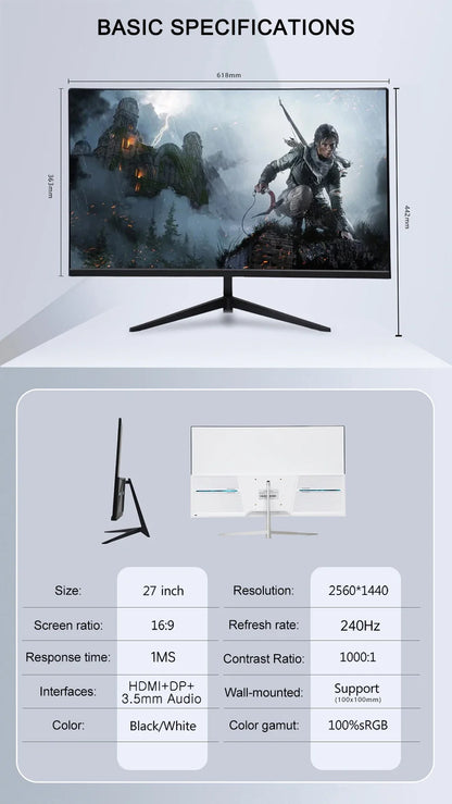 27 Inch 2K 240Hz Desktop Monitor 2560*1440 HDR 100%SRGB 1MS Freesync Game Computer Display IPS VA Curved Straight Screen HDMI/DP