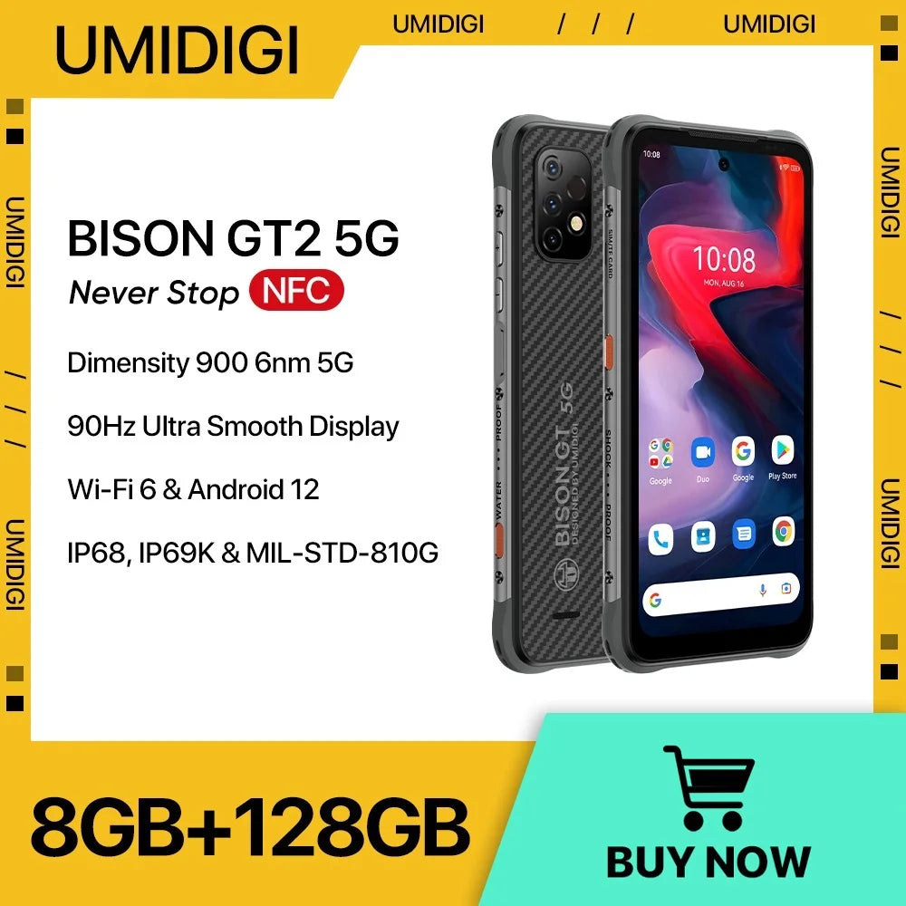 UMIDIGI BISON GT2 5G Rugged Smartphone, Dimensity 900 CPU, IP68& IP69K, 128GB, 6.5"FHD+, NFC, 90Hz, 64MP Camera, 6150mAh Battery