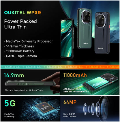 Oukitel wp39 5G Rugged Smartphone 24GB（6+18)+256GB 6.60"FHD+ 64MP Camera 11000mAh Cell phone Android 14