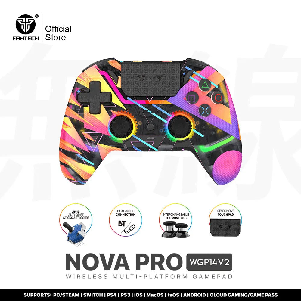 FANTECH NOVA PRO WGP14V2 Gaming Controller Anti-Drift Hall Effect Sticks and Force-switchable Tirgger Wireless Gamepad for PS4