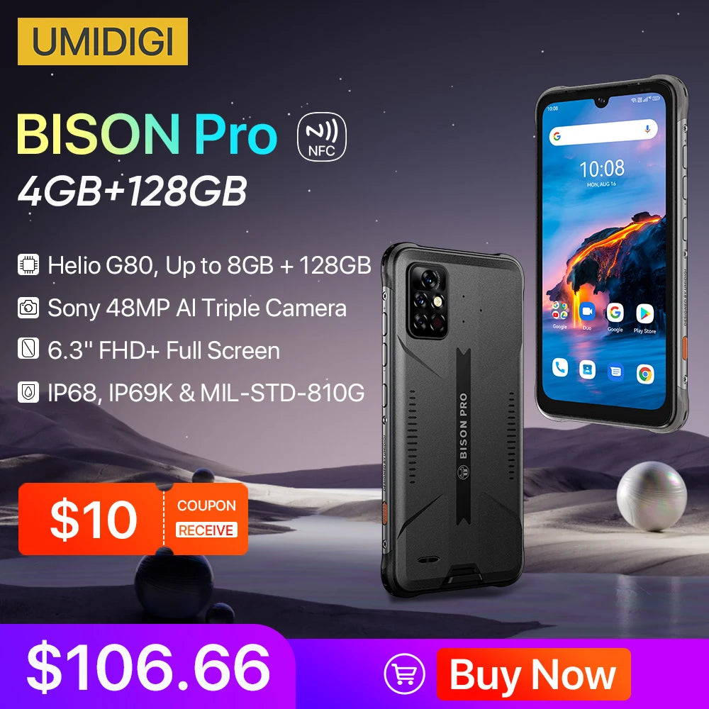 In Stock UMIDIGI BISON Pro Global Version Smartphone NFC 128GB IP68/IP69K Helio G80 48MP Camera 6.3"FHD Screen 5000mAh Cellphone