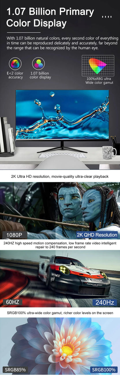 27 Inch 2K 240Hz Desktop Monitor 2560*1440 HDR 100%SRGB 1MS Freesync Game Computer Display IPS VA Curved Straight Screen HDMI/DP