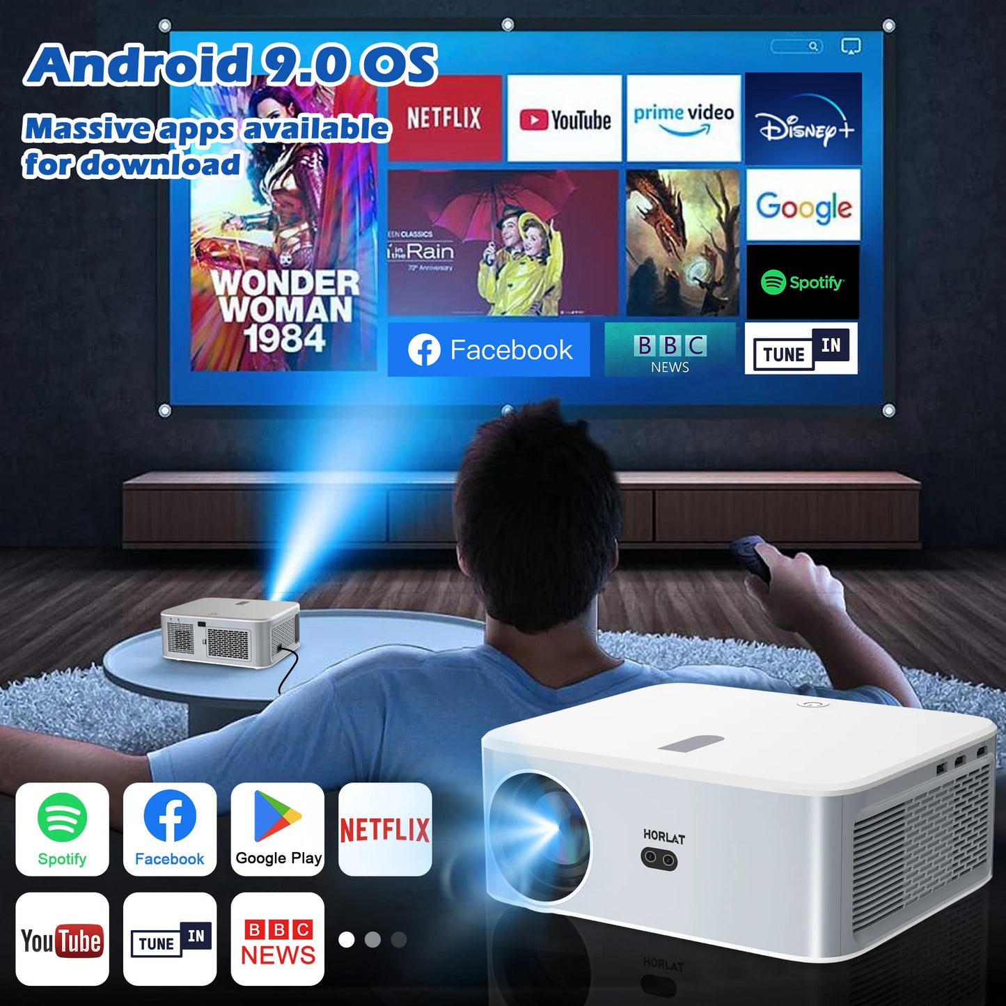 HORLAT Android LED 4K Projector 700ANSI Full HD 1080P Video Home Theater Keystone 5G WiFi 18000Lumens Portable Proyector Dolby