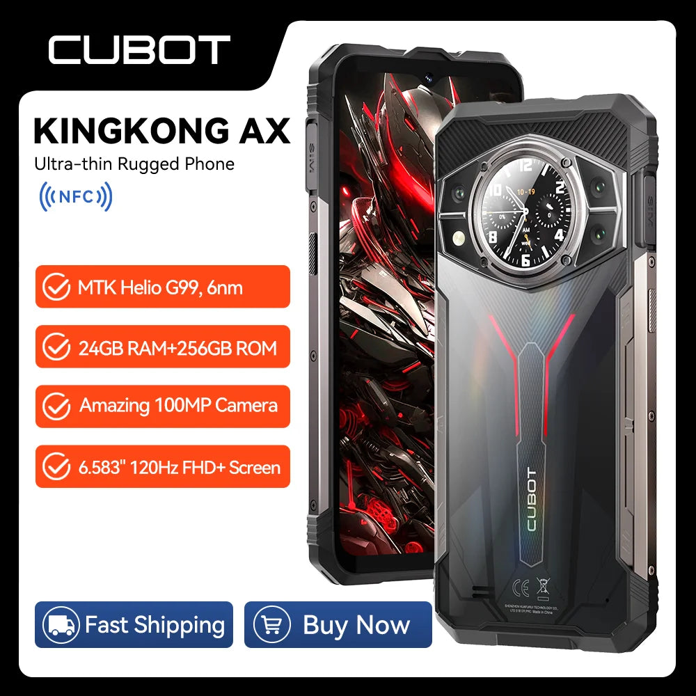 Cubot KING KONG AX, Ultra-thin Rugged Smartphone Android 14, 120Hz Screen, Helio G99, 24GB RAM(12+12GB), 256GB ROM, 100MP, NFC