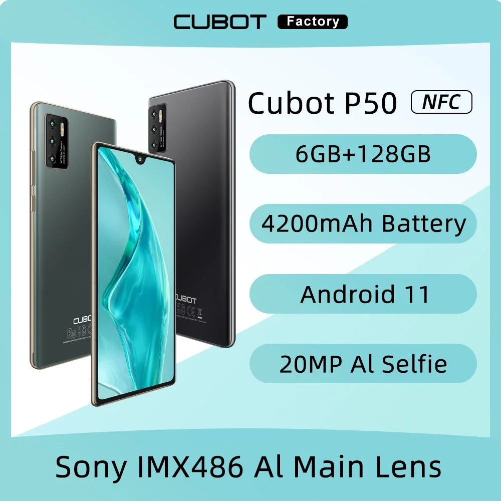 Cubot P50 Android 11 Smartphone 6GB +128GB 4200mAh Removable Battery 6.217 Inch HD+Screen NFC 20MP AI Camera Smart Mobile Phone