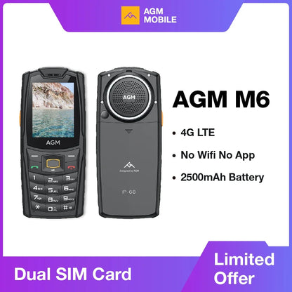 AGM M6 Rugged Phone - Loud 103dB Speaker, 2.4" Screen, 4G Dual SIM, 2500mAh Battery, BT5.1, FM Radio, IP68/IP69K-Senior-Friendly