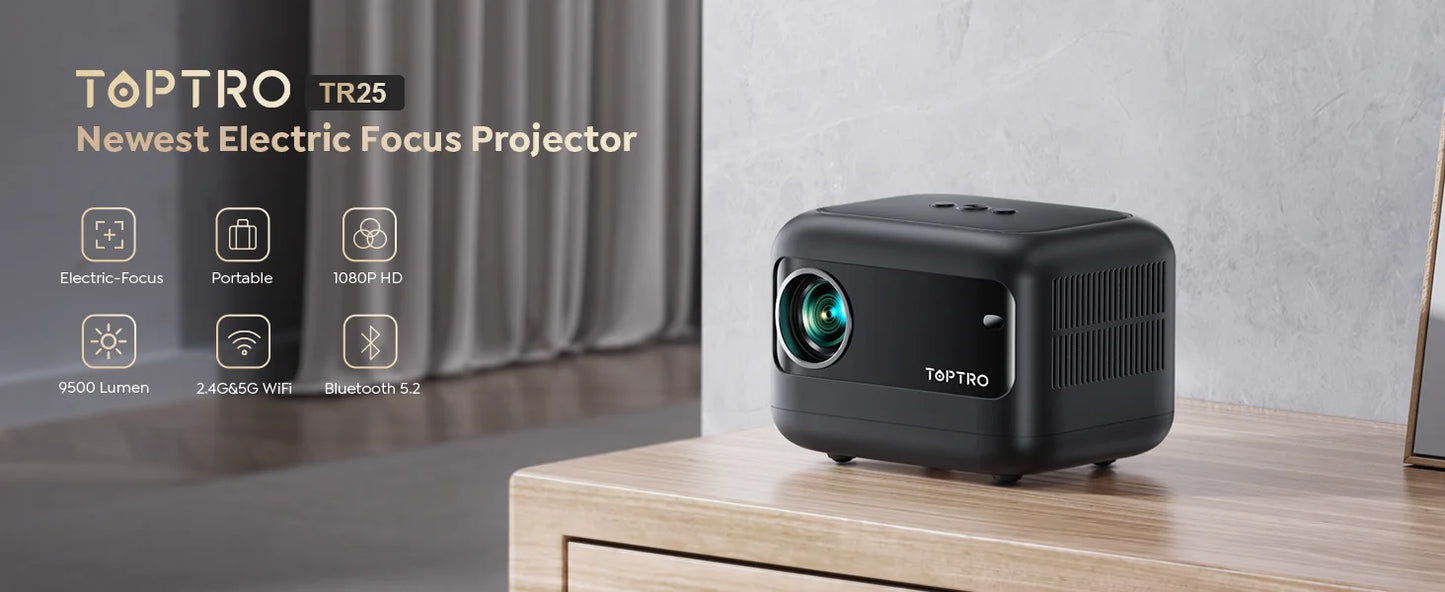 TOPTRO TR25 MINI Projector WiFi Bluetooth Projector 9500 Lumens Portable Projectors Support 1080p Video for Home Outdoor Cinema