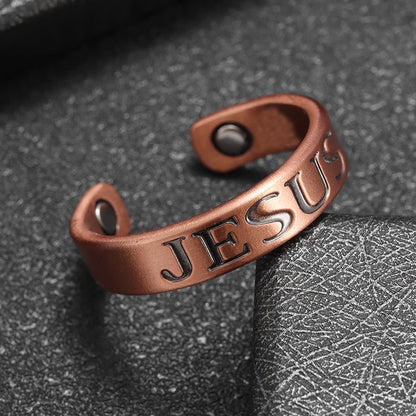 Classic Christian Jesus Letter Open Loop Magnetic Energy Healing Ring Women\'s Men\'s Health Jewelry