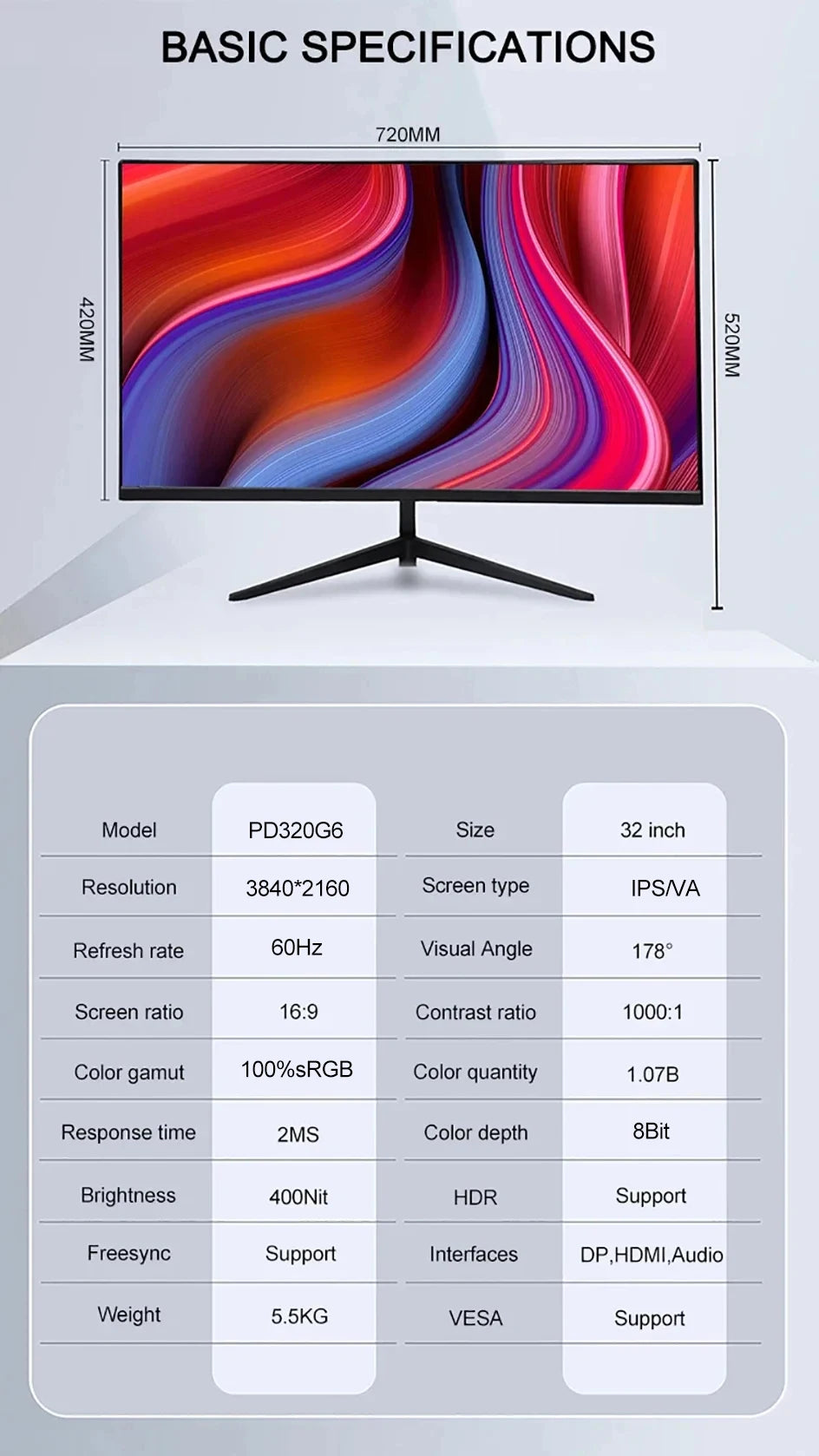 32 Inch 4K UHD Monitor 3840*2160P 100%DCI-P3 8Bit Ultra Narrow Bezel Desktop Display IPS Screen With HDMI/DP For Design Drafting