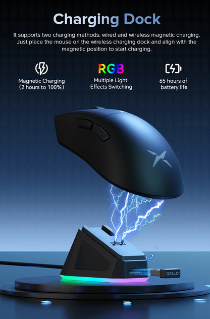 Delux M900 Wireless Gaming Mouse Ergonomic PAW3311 63g Magnetic RGB Charging Dock for Right Big Hand PC Gamer