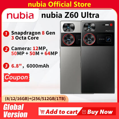 Nubia Z60 Ultra Global Version 64MP Main 6.8‘’ 5G Phone Snapdragon 8Gen3 NFC 6000mAh 80W fast charge Battery IP68 Model NX721J