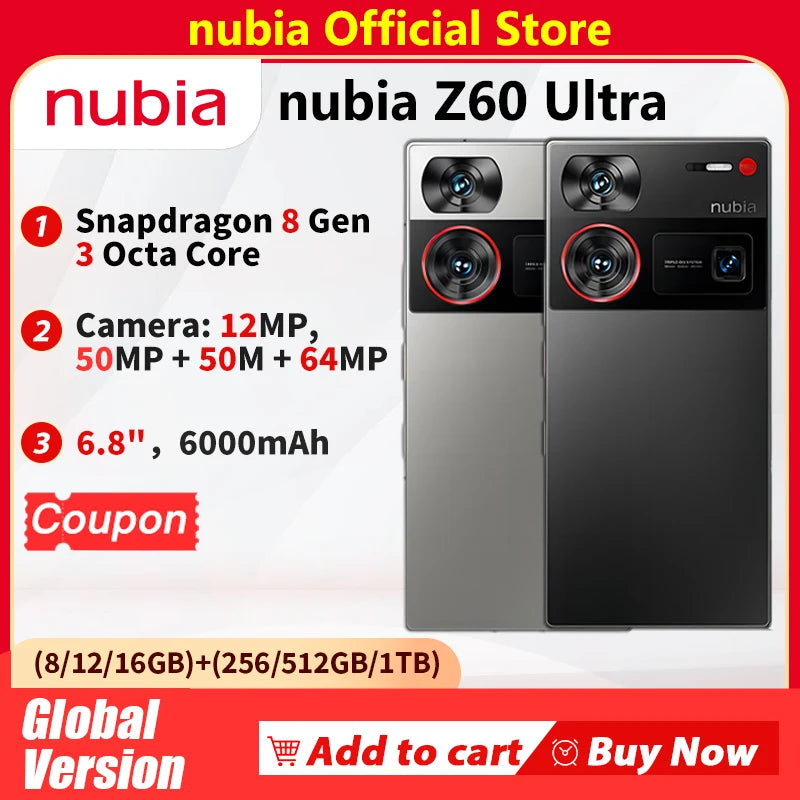 Nubia Z60 Ultra Global Version 64MP Main 6.8‘’ 5G Phone Snapdragon 8Gen3 NFC 6000mAh 80W fast charge Battery IP68 Model NX721J