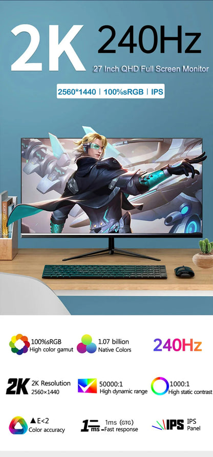 27 Inch 2K 240Hz Desktop Monitor 2560*1440 HDR 100%SRGB 1MS Freesync Game Computer Display IPS VA Curved Straight Screen HDMI/DP