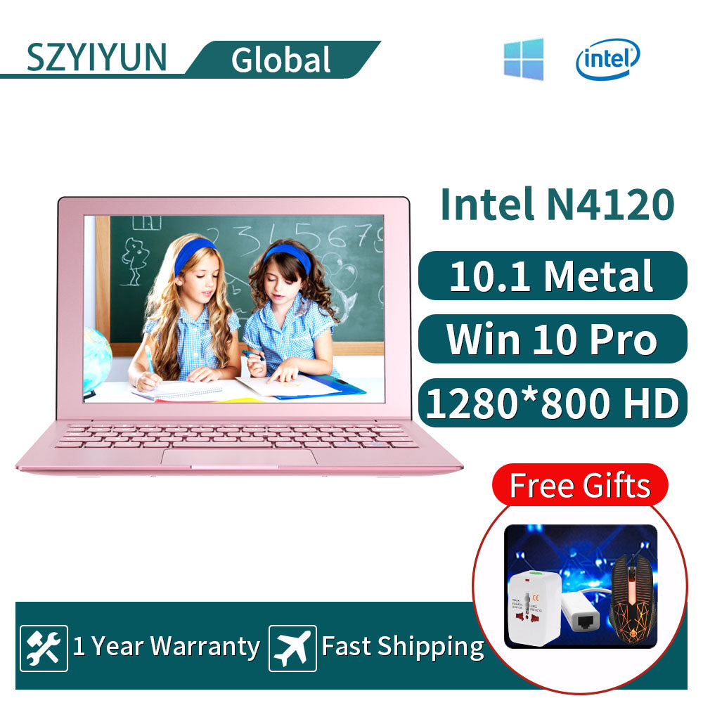 10.1&#39;&#39; Intel N4120 Small Laptop Metal Notebook Computer 8G RAM + 128G/256G/512G/1TB SSD HD Screen Ultra Thin Pink Women MIni PC