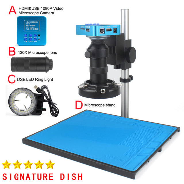 1080P HDMI USB Electronic Digital Video Microscope Camera 130X Zoom C Mount Lens USB LED Light For Lab PCB Phone Repair Tools