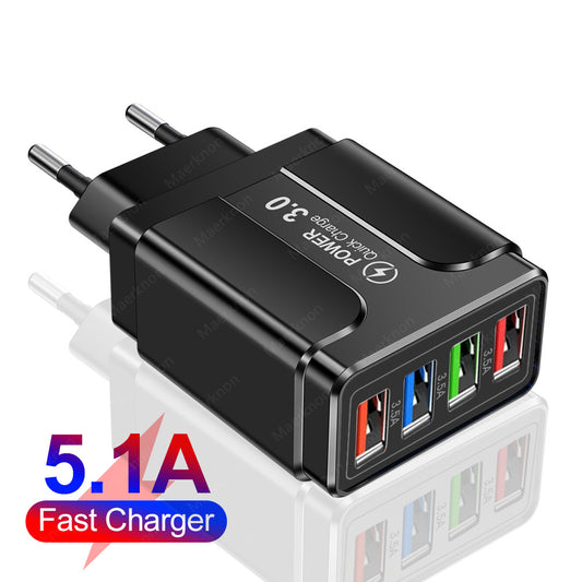 50W USB phone Charger 4 Ports QC3.0 Quick Charge 3.0 4.0 Universal Wall Fast Charging Adapter For iPhone Mobile Phone Chargers