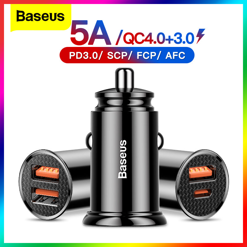 Baseus USB Car Charger Quick Charge 4.0 QC4.0 QC3.0 QC SCP 5A PD Type C 30W Fast Car USB Charger For iPhone Xiaomi Mobile Phone