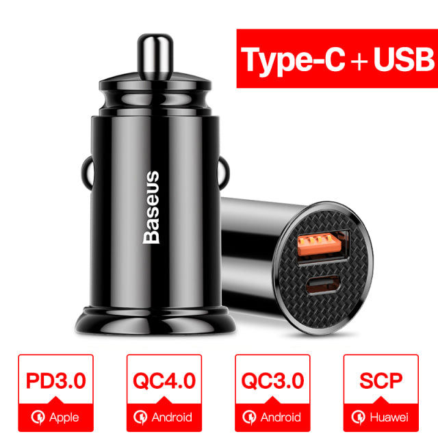 Baseus USB Car Charger Quick Charge 4.0 QC4.0 QC3.0 QC SCP 5A PD Type C 30W Fast Car USB Charger For iPhone Xiaomi Mobile Phone