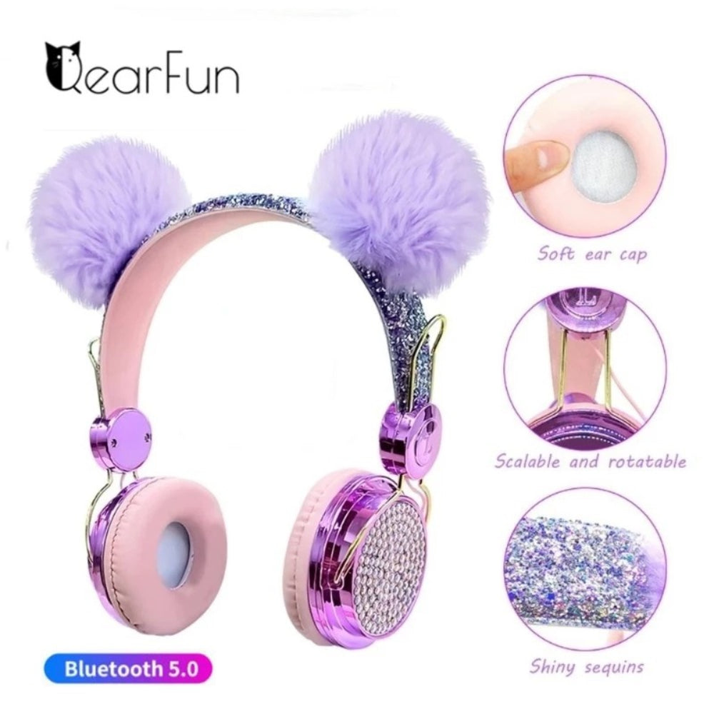 Bling Wireless Headphones Bluetooth Girls Wired Earphones with Microphone Children&#39;s Luxury Glitter Cute Hairball Music Headset