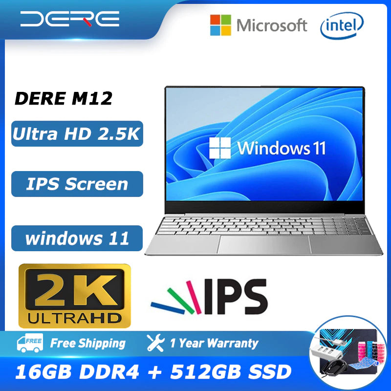 Dere M12 Laptop 15.6&quot; 16GB RAM 512GB SSD IPS 2K Office Computer Intel Celeron N5095 with Fingerprint Unlock Windows 11 Notebook