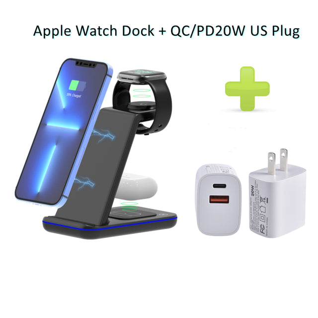 HAAYOT 3 in 1 Wireless Charger Stand For Samsung Galaxy Watch 3/4 Active 2/1 Fast Charging Dock Station For S22 S21 S20 iphone