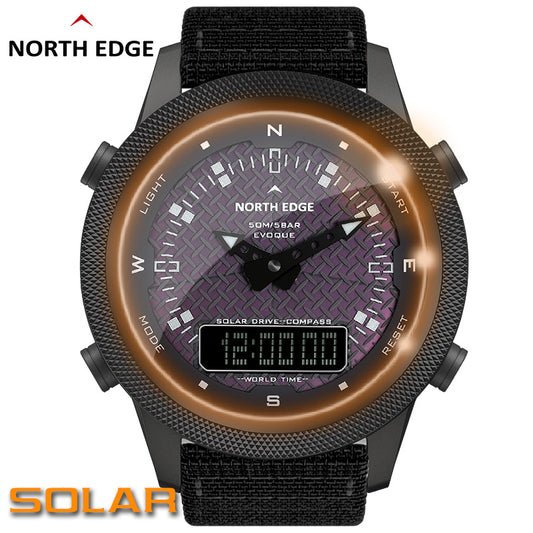 NORTH EDGE Mens Smart Watch Solar Power Watches Army Military Clock Full Metal Compass Countdown World Time Alarm Waterproof 50m