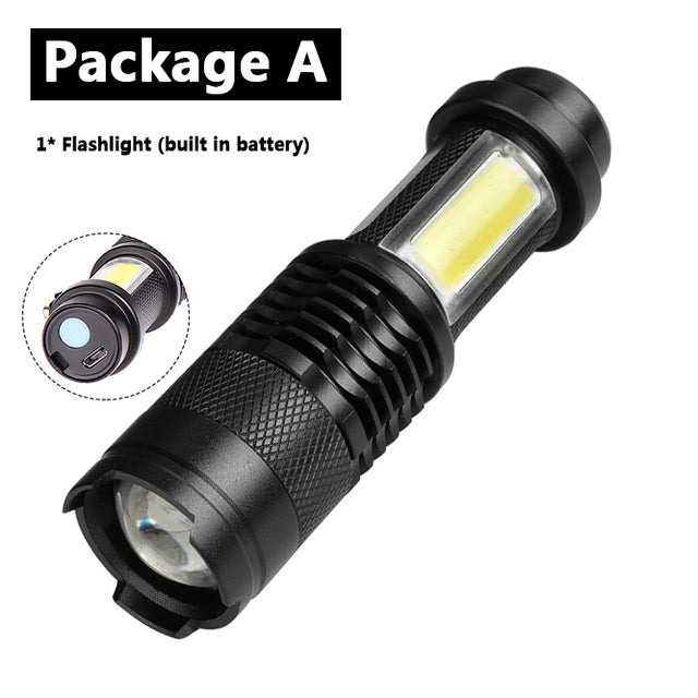 Newest Design XP-G Q5 Built in Battery USB Charging Flashlight COB LED Zoomable Waterproof Tactical Torch Lamp LED Bulbs Litwod