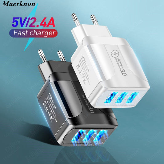 Quick Charge 3.0 USB Charger Adapter for iPhone 11 Pro Max Xiaomi EU Plug 3 Ports USB QC3.0 Fast Charging Mobile Phone Charger