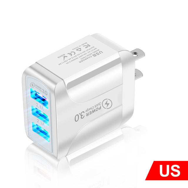 Quick Charge 3.0 USB Charger Adapter for iPhone 11 Pro Max Xiaomi EU Plug 3 Ports USB QC3.0 Fast Charging Mobile Phone Charger