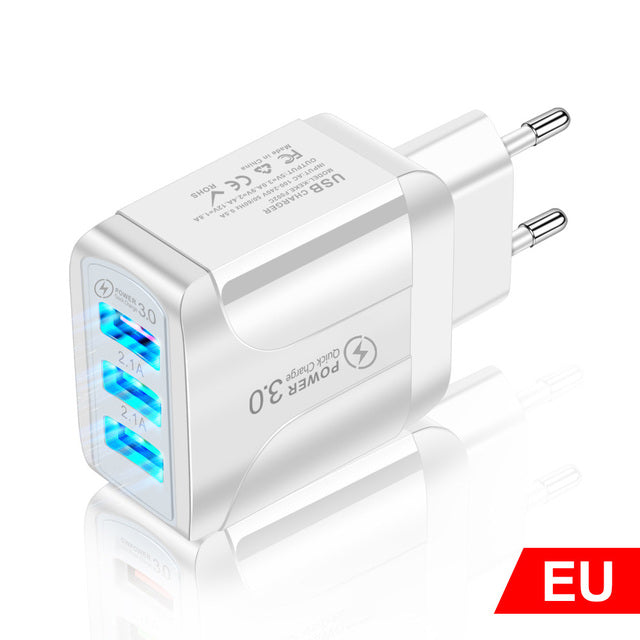 Quick Charge 3.0 USB Charger Adapter for iPhone 11 Pro Max Xiaomi EU Plug 3 Ports USB QC3.0 Fast Charging Mobile Phone Charger