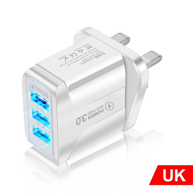 Quick Charge 3.0 USB Charger Adapter for iPhone 11 Pro Max Xiaomi EU Plug 3 Ports USB QC3.0 Fast Charging Mobile Phone Charger