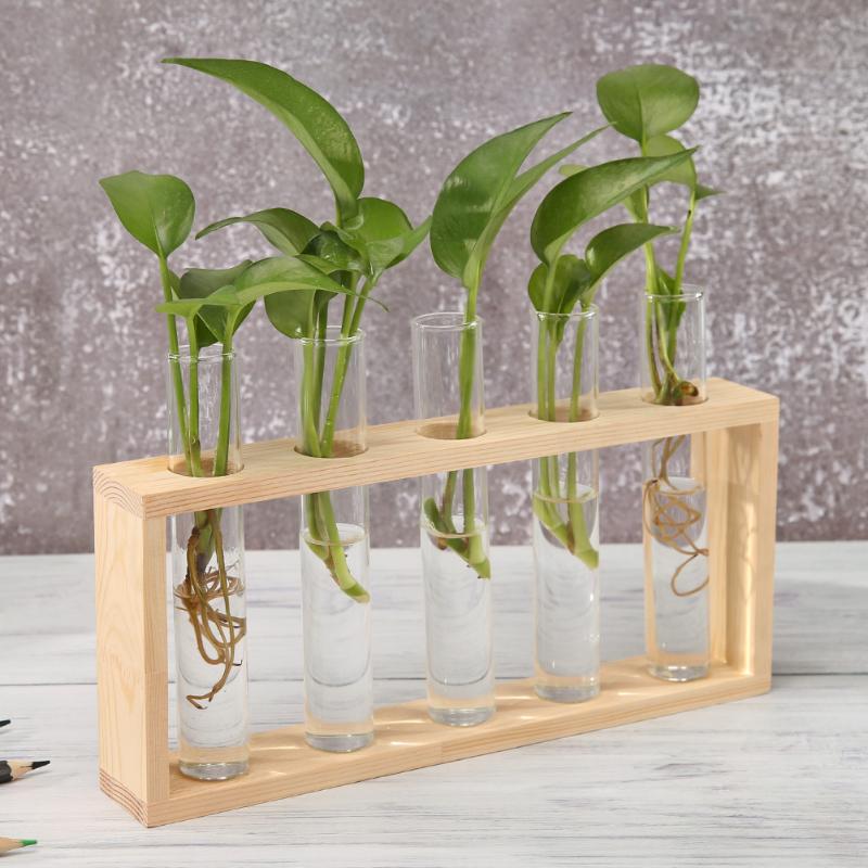 Transparent Glass Vase Wood Frame Iron Art Terrarium Bonsai Table Ornaments Glass and Wood Vase Planter Terrarium Table Desktop