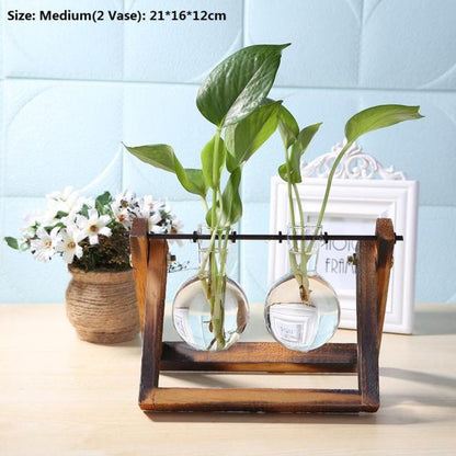 Transparent Glass Vase Wood Frame Iron Art Terrarium Bonsai Table Ornaments Glass and Wood Vase Planter Terrarium Table Desktop