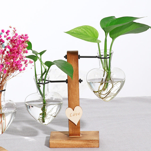 Transparent Glass Vase Wood Frame Iron Art Terrarium Bonsai Table Ornaments Glass and Wood Vase Planter Terrarium Table Desktop