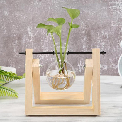 Transparent Glass Vase Wood Frame Iron Art Terrarium Bonsai Table Ornaments Glass and Wood Vase Planter Terrarium Table Desktop