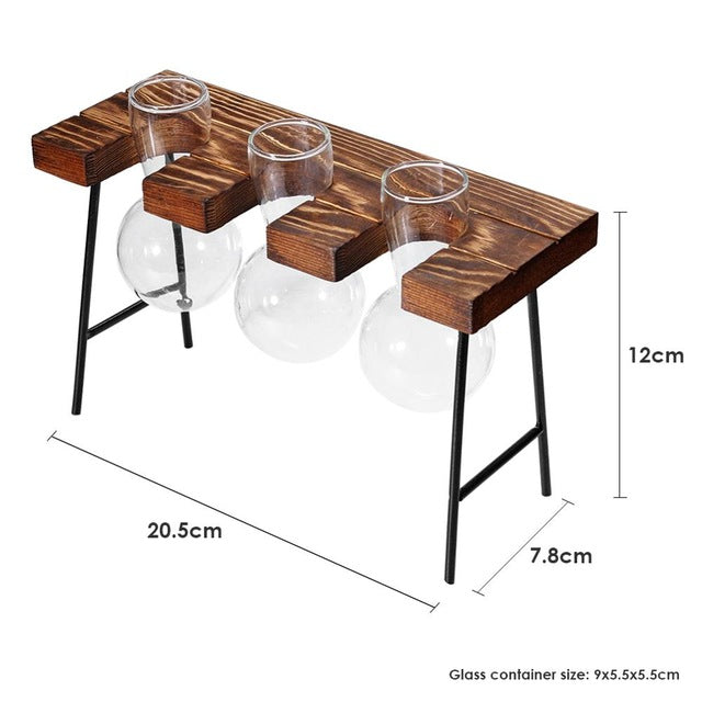 Transparent Glass Vase Wood Frame Iron Art Terrarium Bonsai Table Ornaments Glass and Wood Vase Planter Terrarium Table Desktop