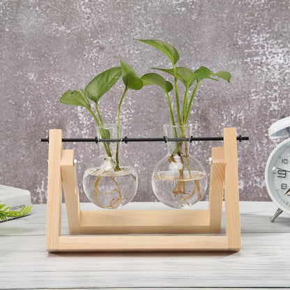 Transparent Glass Vase Wood Frame Iron Art Terrarium Bonsai Table Ornaments Glass and Wood Vase Planter Terrarium Table Desktop