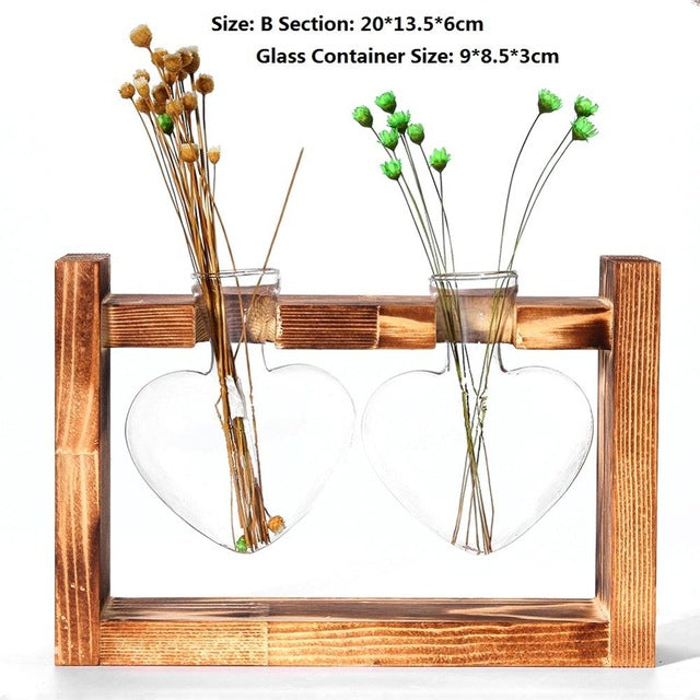 Transparent Glass Vase Wood Frame Iron Art Terrarium Bonsai Table Ornaments Glass and Wood Vase Planter Terrarium Table Desktop