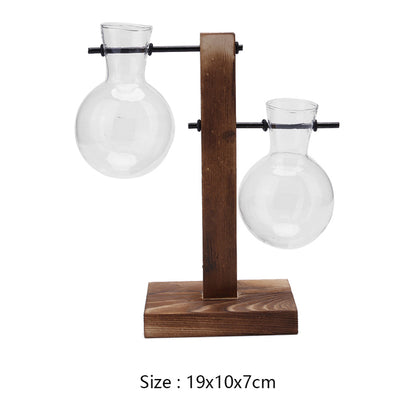 Transparent Glass Vase Wood Frame Iron Art Terrarium Bonsai Table Ornaments Glass and Wood Vase Planter Terrarium Table Desktop