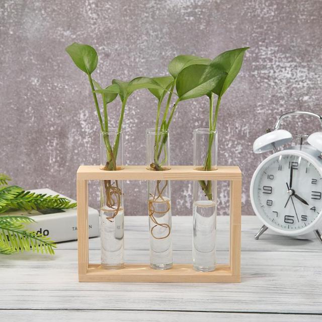 Transparent Glass Vase Wood Frame Iron Art Terrarium Bonsai Table Ornaments Glass and Wood Vase Planter Terrarium Table Desktop