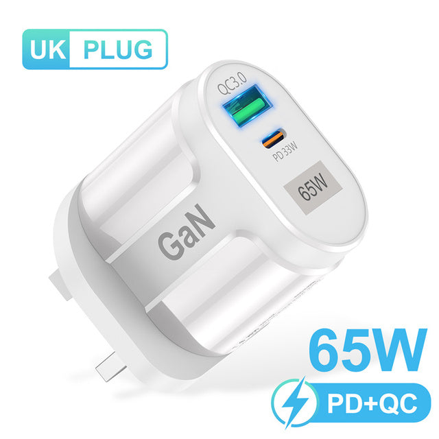 UKGO 65W GaN Fast Charger Type C USB PD 3.0 QC 4.0 QC 3.0 Quick Charge Protable Wall Adapter For iPhone Samsung Huawei Xiaomi