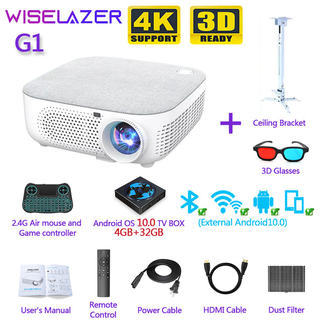 WISELAZER G1 Full HD 1080P Projector LED Cinema Android 10.0 1920x1080P Projector Support 4k Vidoe Projector for Home Theater