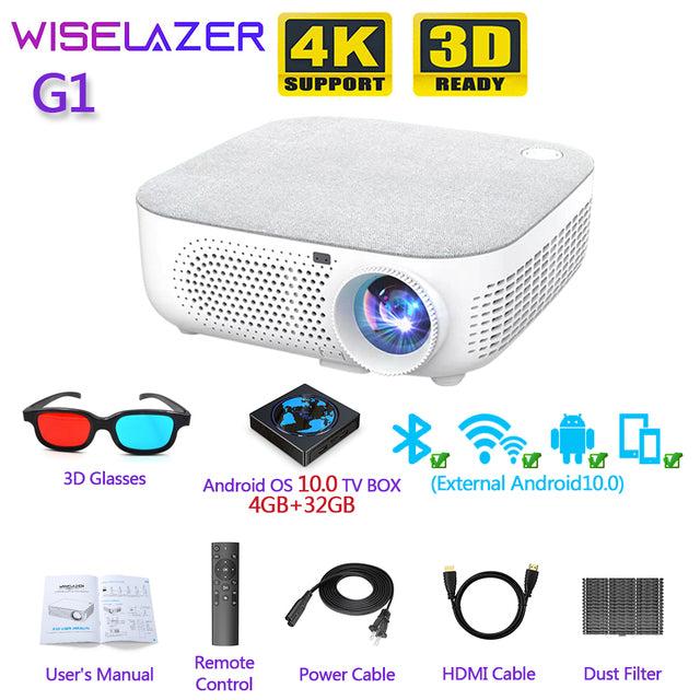 WISELAZER G1 Full HD 1080P Projector LED Cinema Android 10.0 1920x1080P Projector Support 4k Vidoe Projector for Home Theater